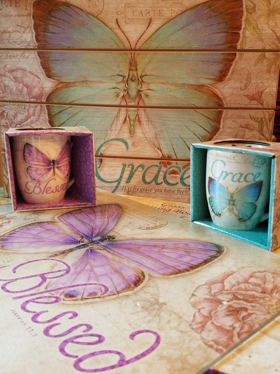 Set 3 Tazze Da Caffè In Ceramica Botanic Butterfly - Scritte Hope, Believe, Blessings - Regalo Cristiano, Lavabile In Microonde