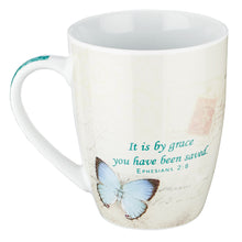 Load image into Gallery viewer, Butterfly Grace in blue Ephesians 2:8 Coffee Mug