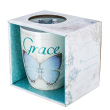 Load image into Gallery viewer, Butterfly Grace in blue Ephesians 2:8 Coffee Mug