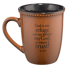 Load image into Gallery viewer, Trust Saddle Tan Stoneware Coffee Mug - Psalm 91:2