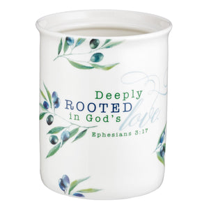 Olive Kitchen Utensil Holder: "Deeply Rooted in God's Love" - Eph. 3:17