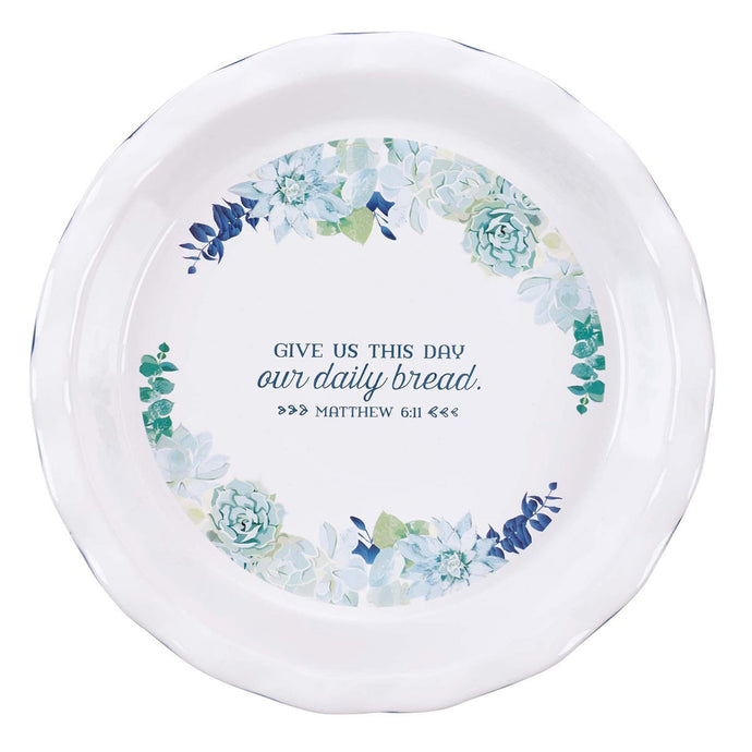 Our Daily Bread 9.5-Inch Ceramic Pie Plate in Royal Blue - Matthew 11:6