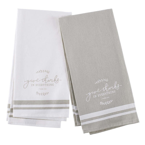 Give Thanks in Everything Cotton Tea Towel Set in White and Natural Oat