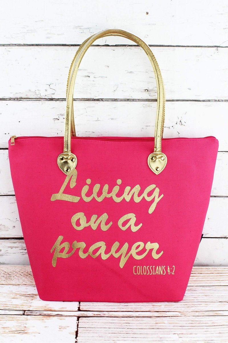 Metallic Gold 'Living on a Prayer” Coral Pink Shoulder Tote