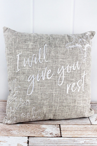 I will Give You Rest Tan Throw Pillow 17" x 17"